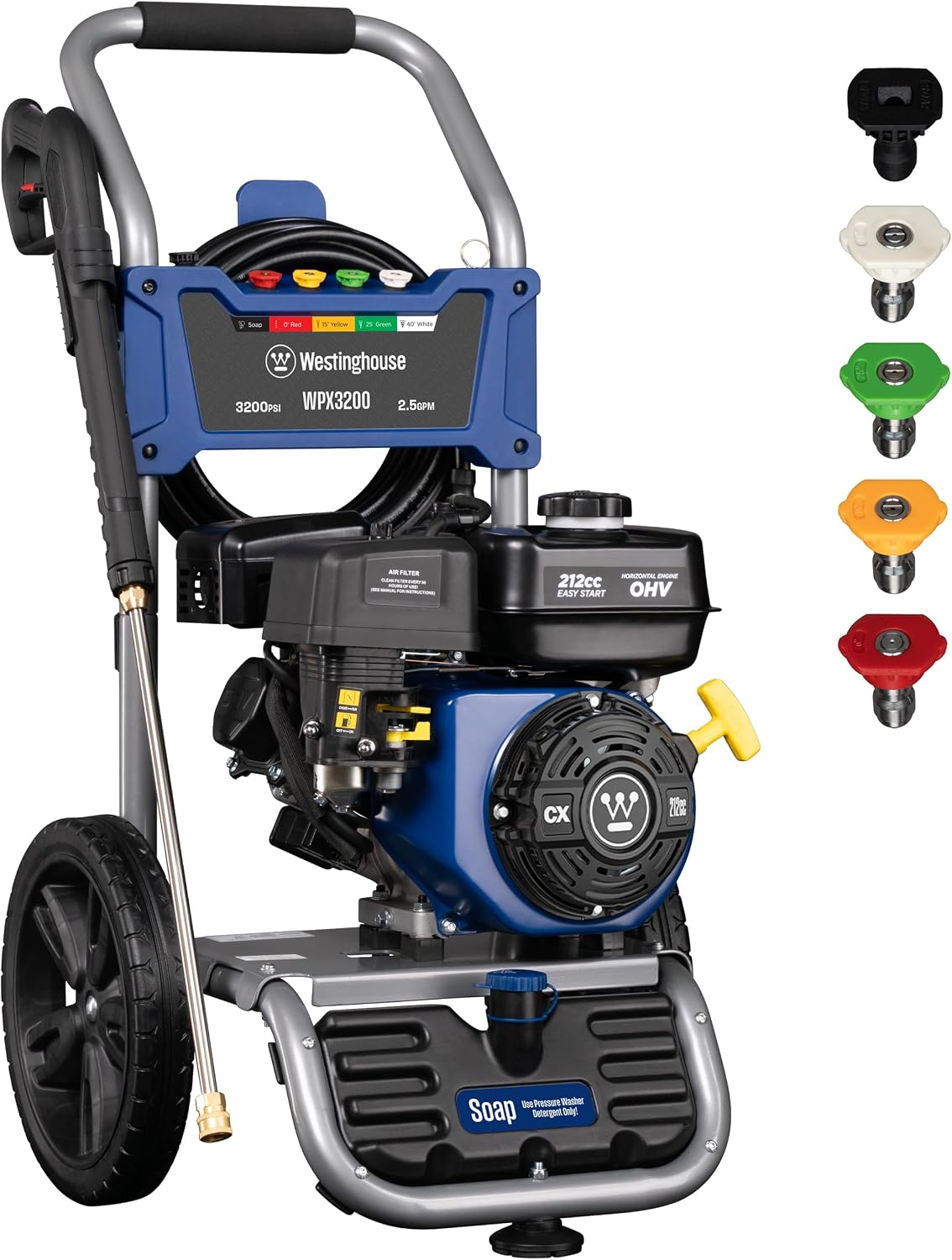 Westinghouse WPX3200 Gas Pressure Washer, 3200 PSI and 2.5 GPM, Onboard Soap Tank, Spray Gun and Wand, 5 Nozzle Set